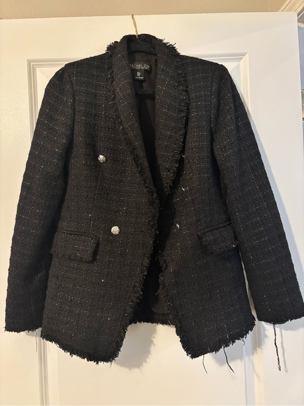 Rachel Zoe Black Tweed Frayed-Edge Double-Breasted Blazer